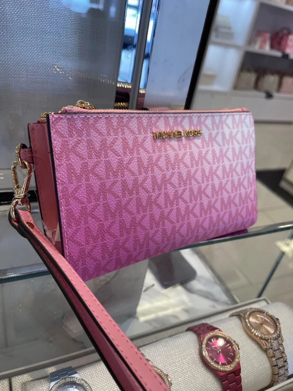 MICHAEL KORS Jet Set Large Double Zip Ombré Signature Logo Wristlet Phone Holder